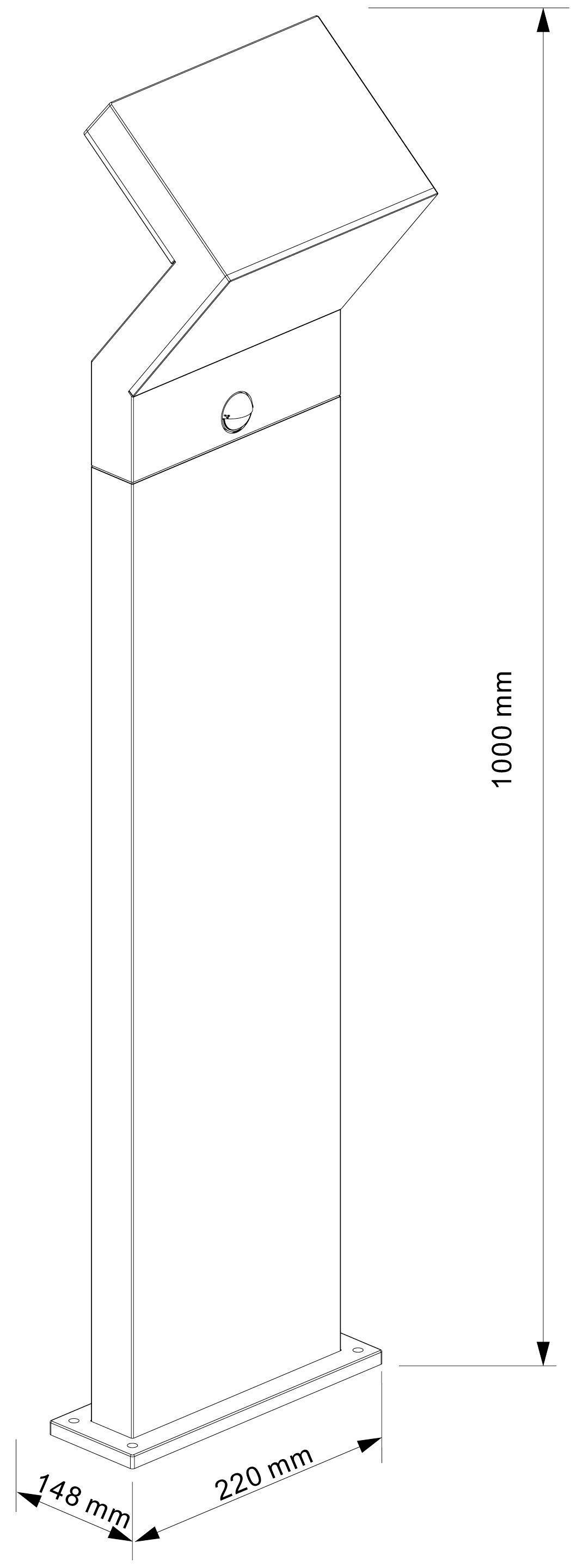 Diagramm eines Metallpfostens mit 1000 mm Höhe, 220 mm Breite. Der Pfosten hat einen abgeschrägten Kopf.