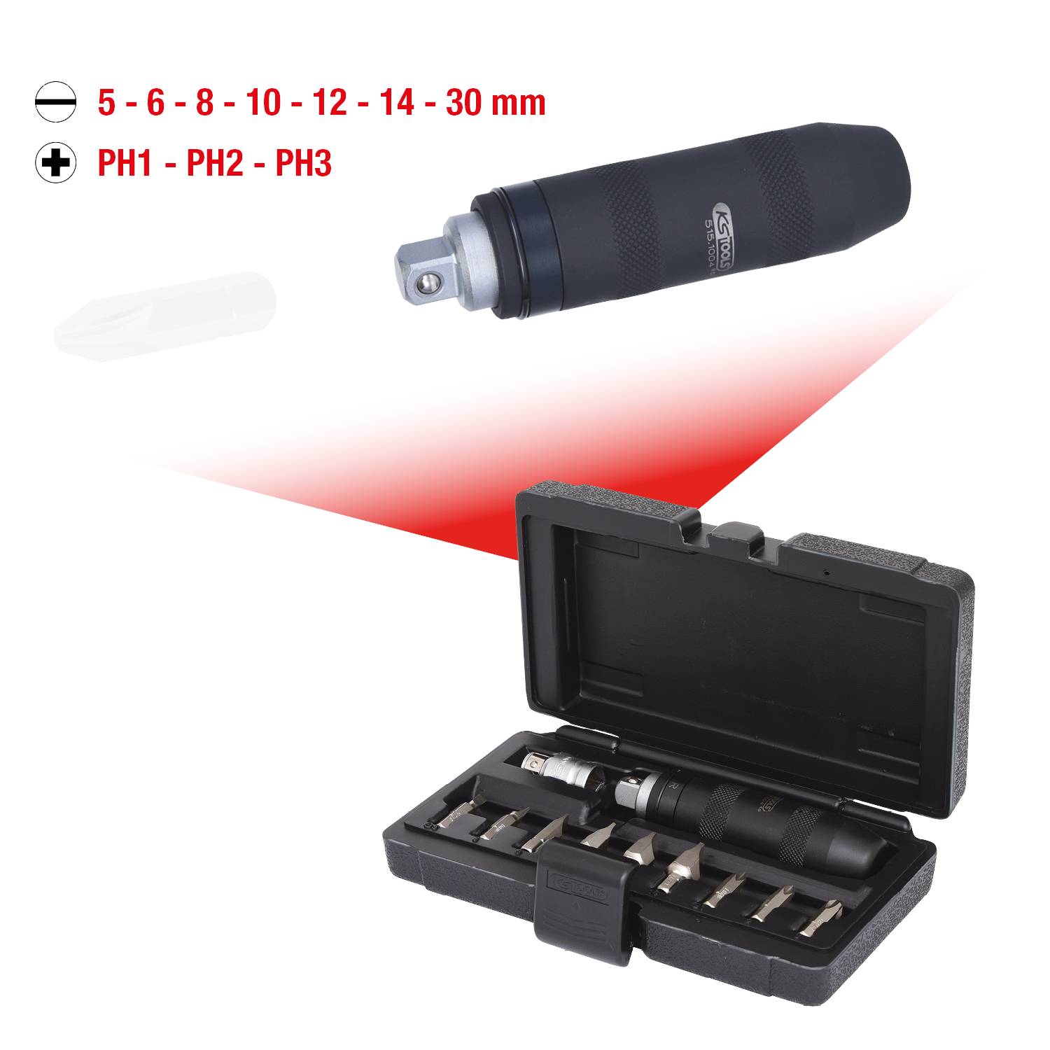 Ein Handschraubendreher-Set mit Bits von 5 bis 30 mm in einem geöffneten schwarzen Etui. Enthält Typen PH1, PH2, und PH3.