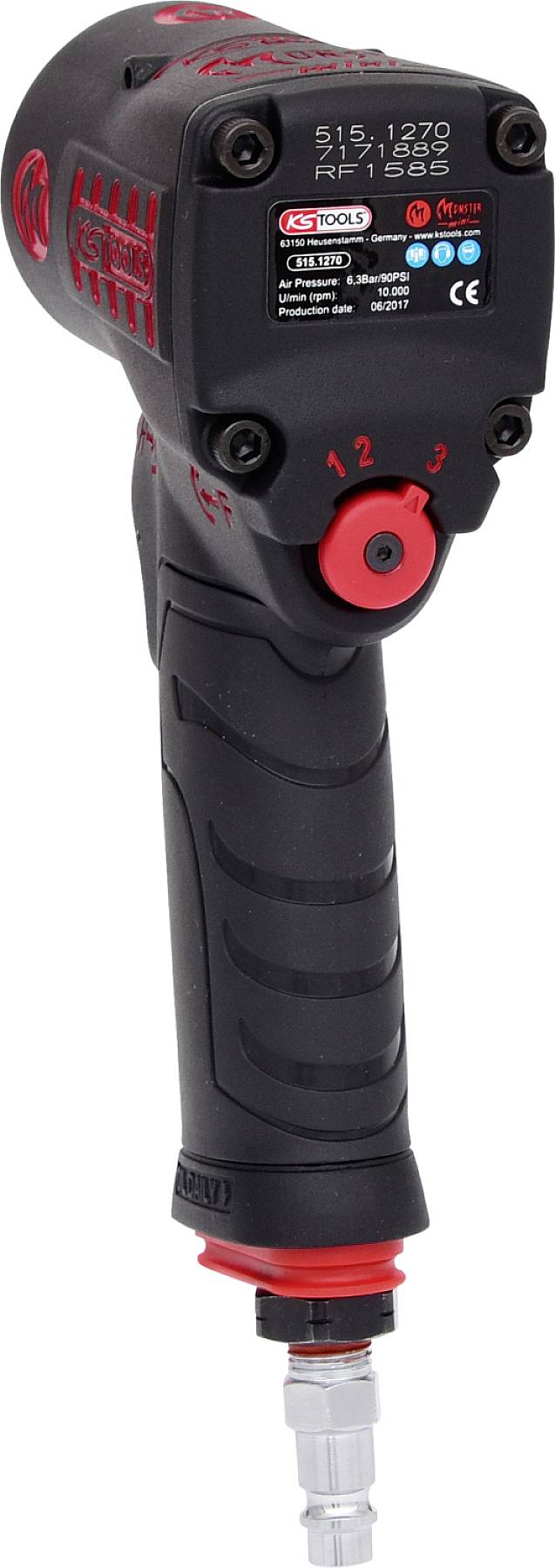 Druckluftschlagschrauber mit rotem und schwarzem Gehäuse, Bedienknopf und Anschlüssen. Geeignet für Kfz-Arbeiten.