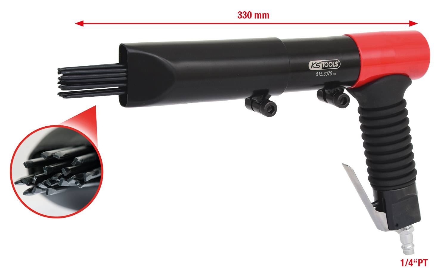 'Dieser Nadelentroster hat eine Länge von 330 mm und eine Anschlussgröße von 1/4"PT, mit mehreren Nadeln für die Oberflächenbearbeitung.'