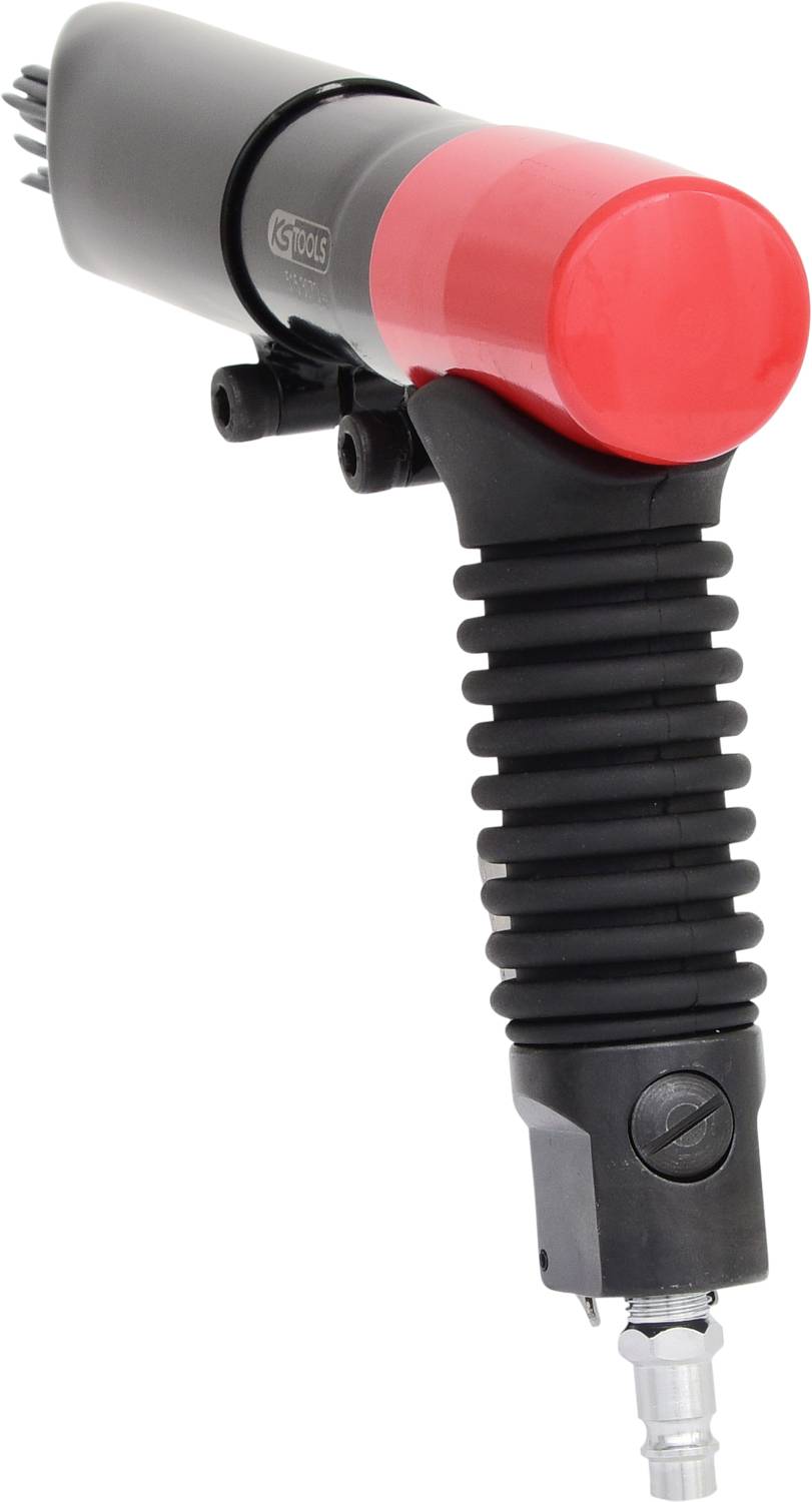 'Luftdruck-Schweifnadelgerät mit rotem Gehäuse, ergonomischem Griff und Schlauchanschluss. Verwendet zur Reinigung und Entfernung von Rost.'