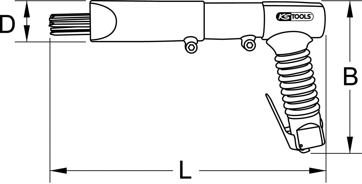 'Diagramm eines Nadelentrosters von KS Tools mit Griff, Auslöser und Maßen L, B, D. Es zeigt die grundlegenden Komponenten und Maße.'