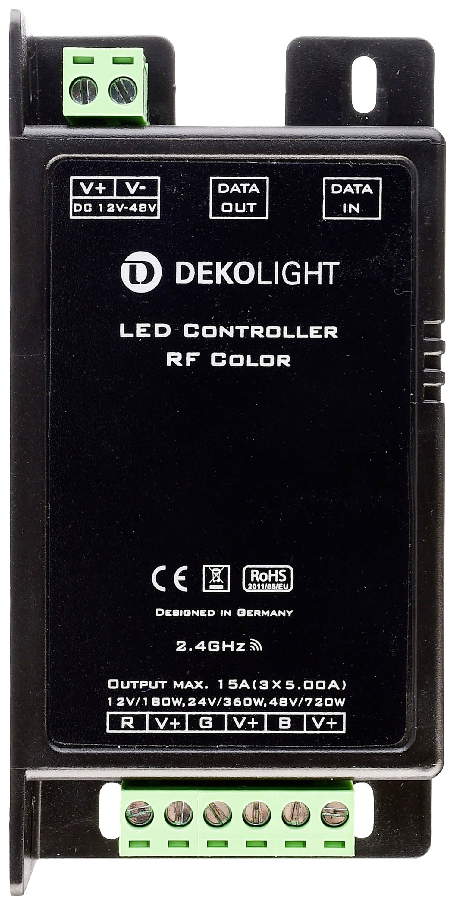 'DEKOLIGHT LED Controller RF Color' ist ein schwarzes Gerät zur Steuerung von LEDs, mit technischen Anschlussbeschreibungen und Spezifikationen.