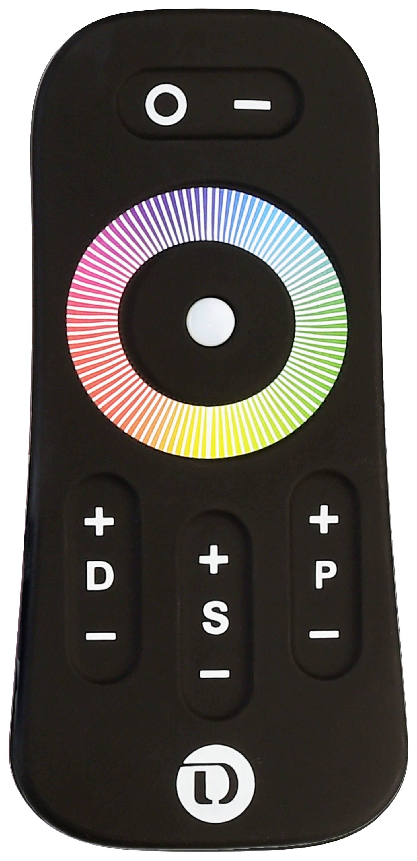 Schwarze Fernbedienung mit weißer Taste in der Mitte, umgeben von farbigem Ring. Weitere Tasten: Helligkeit, Modus und Ein/Aus.