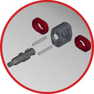 Mechanischer Aufbau: Graue zylindrische Komponente, umgeben von zwei roten Kunststoffteilen und Metallstiften.