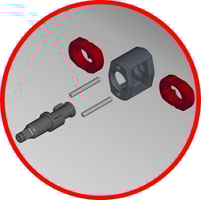 Mechanischer Aufbau: Graue zylindrische Komponente, umgeben von zwei roten Kunststoffteilen und Metallstiften.