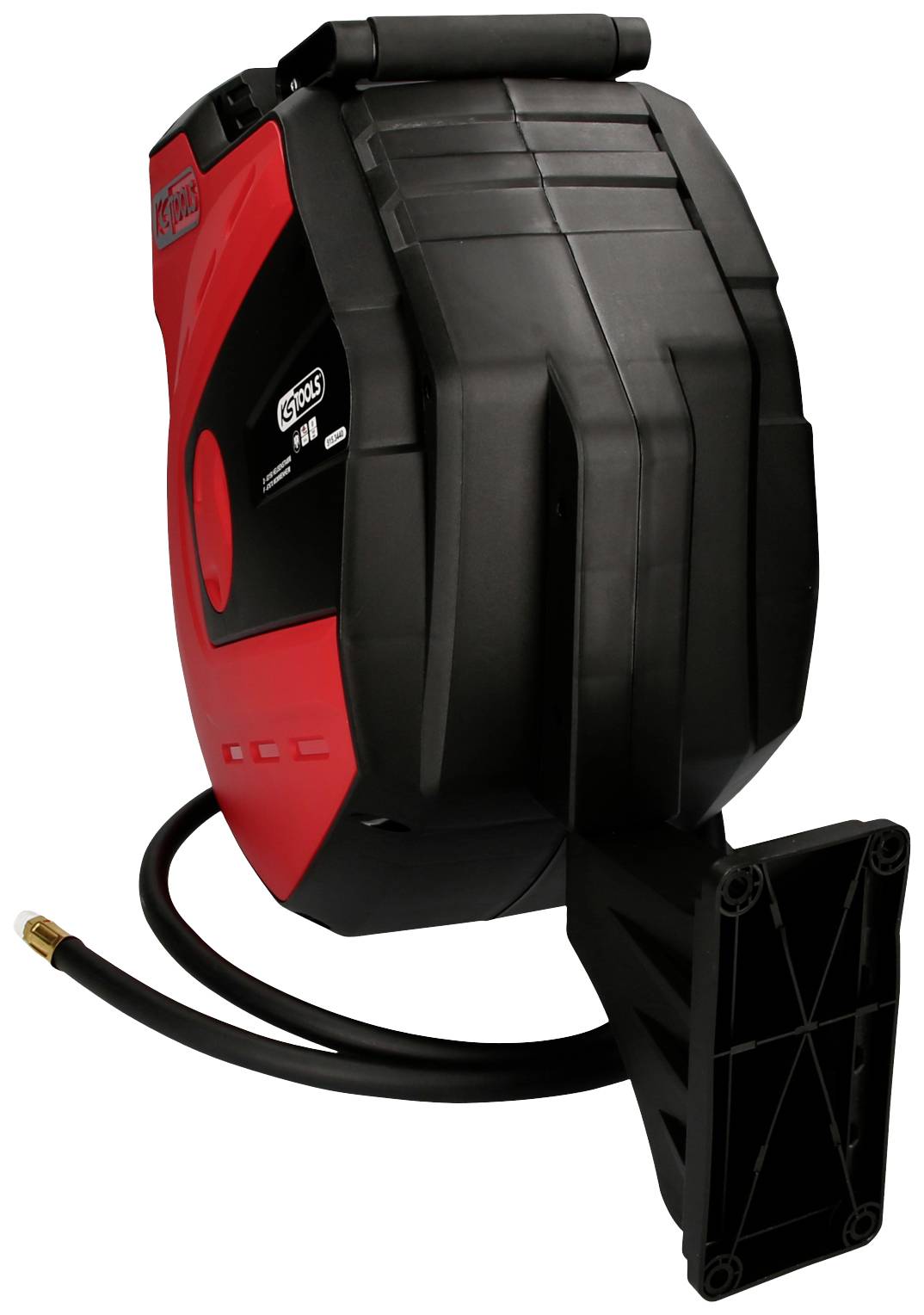 Automatischer Gartenschlauchaufroller an einer schwarzen Halterung, rotes und schwarzes Gehäuse, mit einem Schlauch, der herausgeführt wird.