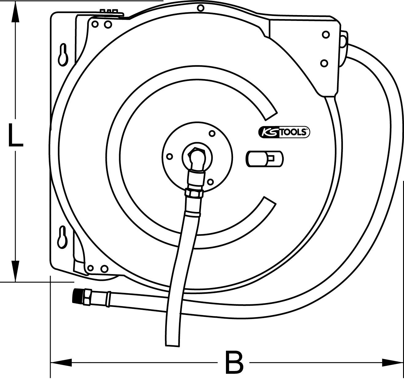 Abbildung einer Schlauchtrommel mit der Aufschrift 'KS Tools'. Die Zeichnung zeigt Abmessungen: Länge (L) und Breite (B).