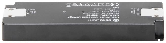 Flacher, schwarzer LED-Treiber von Dekolight mit Modellnummer und technischen Spezifikationen aufgedruckt.