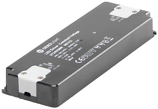 Ein rechteckiger LED-Treiber mit schwarzem Gehäuse, Markenname und technische Spezifikationen auf der Oberfläche, zur Stromversorgung von LEDs.