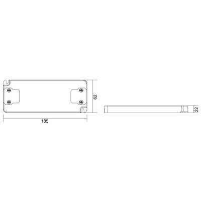 Technische Zeichnung eines rechteckigen Teils mit Maßen: 185mm Länge, 62mm Breite, 22mm Höhe, vier Schraubenlöcher sichtbar.