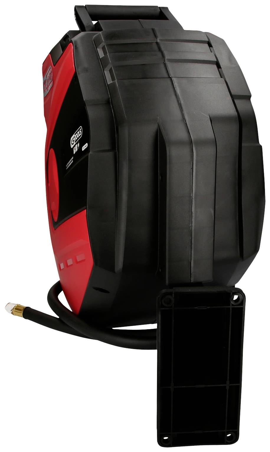 Eine schwarze und rote automatische Schlauchtrommel mit einer Aufrollfunktion. Verwendet zur Aufbewahrung von Schläuchen an der Wand.