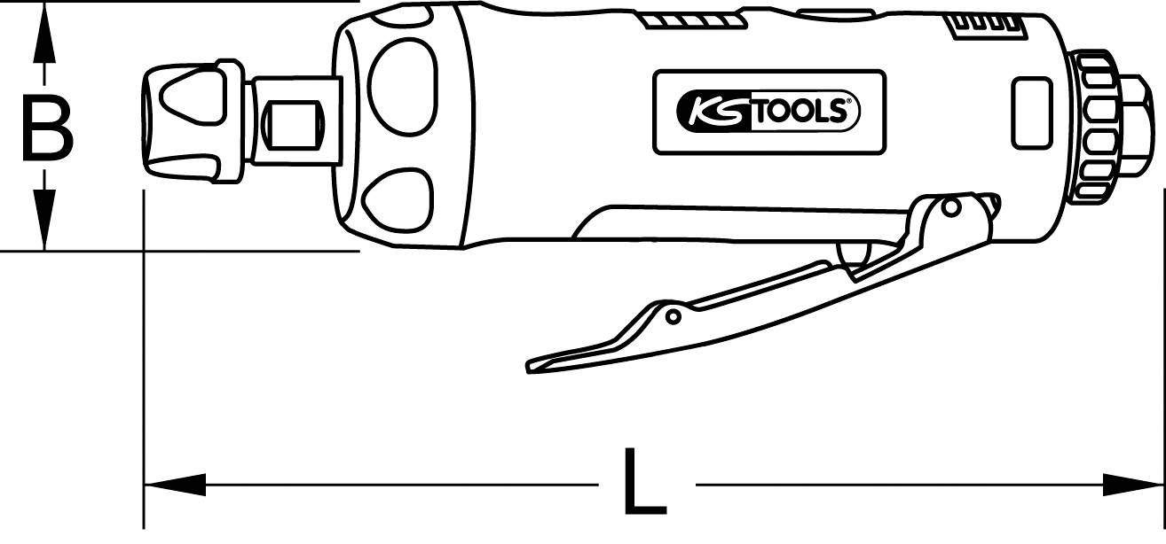 Abbildung eines KS TOOLS Druckluftwerkzeugs. Seitliche Ansicht mit eingezeichneten Dimensionen B und L.
