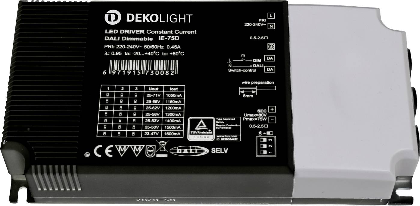 'LED-Treiber Dekolight IE-750' mit technischem Datenblatt: Eingangsspannung 220-240V, Strom 0,05-0,5A, einstellbarer Widerstand.
