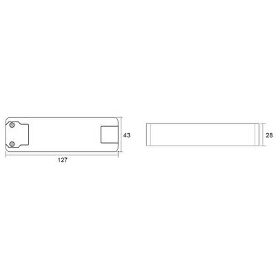 Technische Zeichnung eines rechteckigen Bauteils mit zwei Ansichten: Oberansicht (127 x 43 mm) und Seitenansicht (28 mm Höhe).