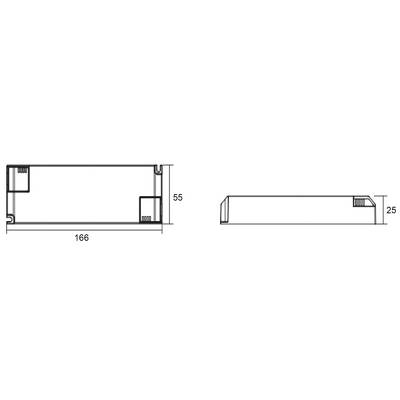 Technische Zeichnung eines rechteckigen Objekts mit den Maßen 166 x 55 x 25 mm. Seiten- und Vorderansicht.