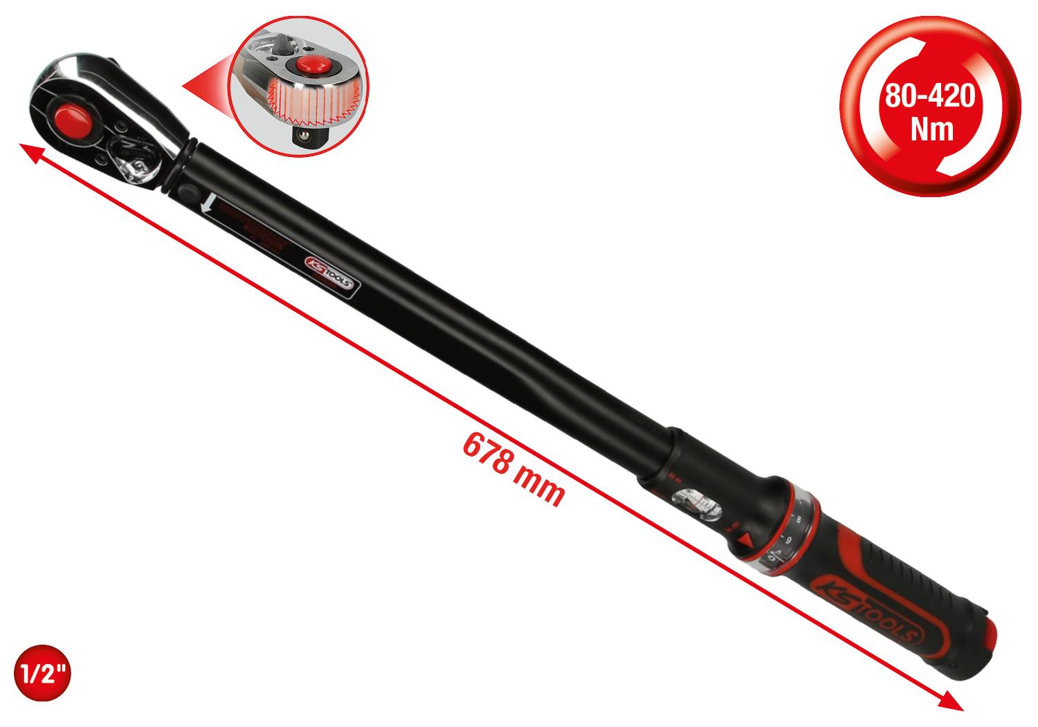 Drehmomentschlüssel mit einstellbarem Drehmomentbereich von 80-420 Nm und Gesamtlänge von 678 mm.