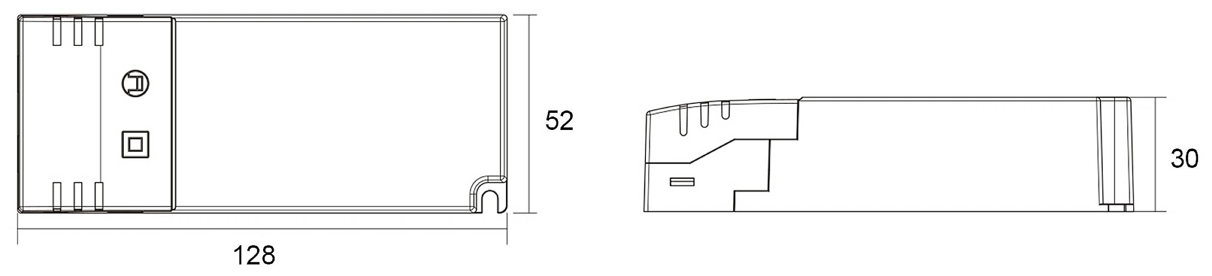 Technische Zeichnung eines rechteckigen Bauteils mit Abmessungen: 128mm Länge, 52mm Höhe, 30mm Tiefe. Seiten- und Vorderansicht.