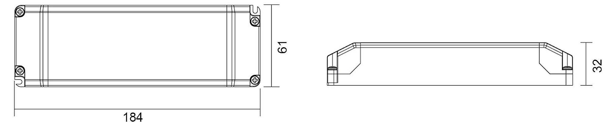 Technische Zeichnung eines rechteckigen Bauteils mit den Maßen 184 x 61 x 32. Seitenansicht und Draufsicht dargestellt.