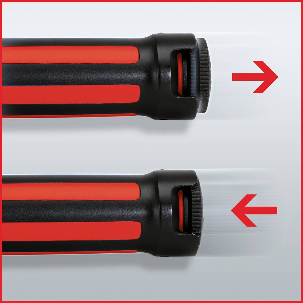 Zwei Bilder von Werkzeuggriffen mit rotem und schwarzem Design zeigen Pfeile. Oberer Pfeil zeigt nach rechts, unterer nach links.