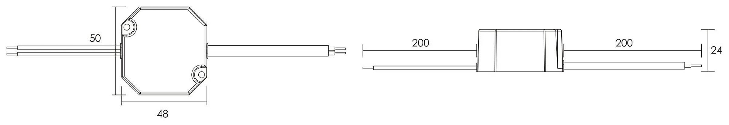 Technische Zeichnung: Zwei Ansichten eines zylindrischen Bauteils mit den Maßen 200 mm Länge und 24 mm Höhe, mit zwei Kabelanschlüssen.
