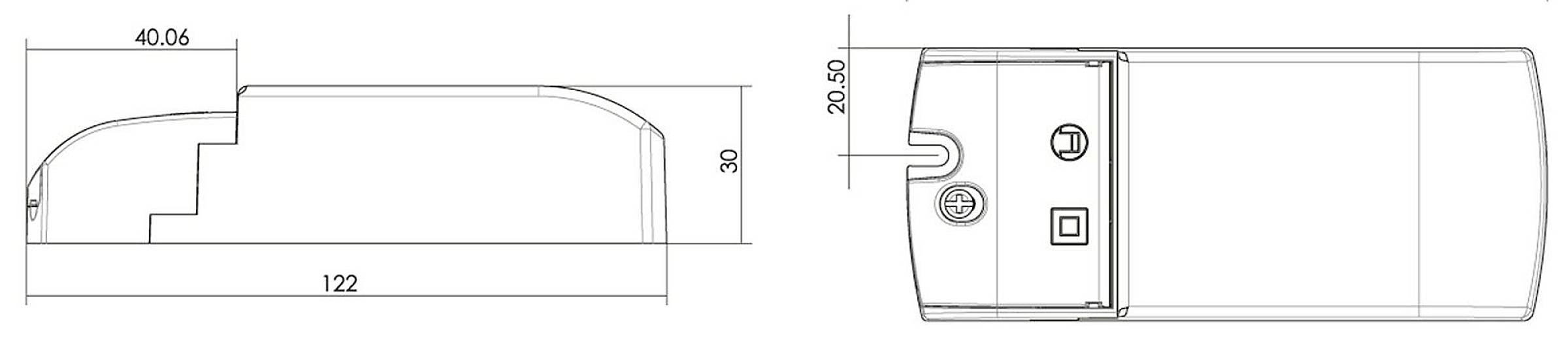 Technische Zeichnung eines rechteckigen Geräts in Seiten- und Vorderansicht, mit Abmessungen: 40,06 mm Breite, 122 mm Länge, 30 mm Höhe.