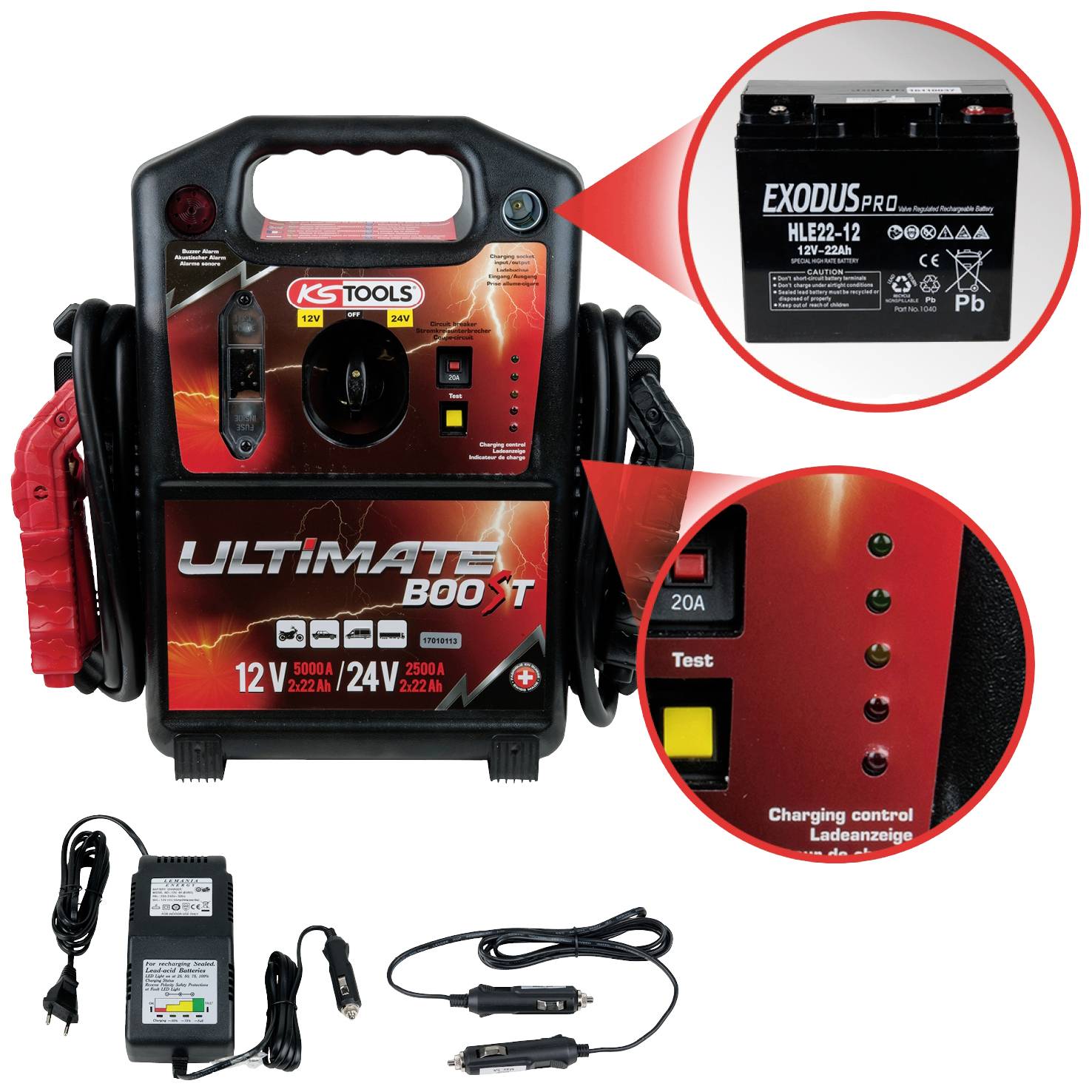 Tragbares Starthilfegerät 'Ultimate 800A' mit 12/24V, mit Batterie, Ladegerät und Anschlusskabeln.