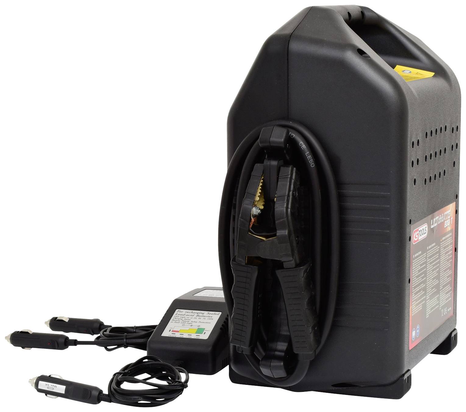 Schwarze Autobatterie-Starthilfe mit Kabeln und Ladegerät, geeignet für Notstarts bei leeren Batterien.