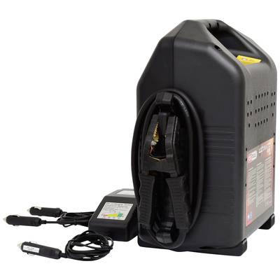 Schwarze Autobatterie-Starthilfe mit Kabeln und Ladegerät, geeignet für Notstarts bei leeren Batterien.