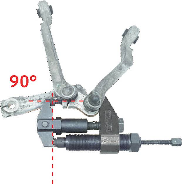 Reißverschlusswerkzeug in geöffneter Position (90 Grad) mit angebrachten Klammern, geeignet für Mechanikarbeiten.