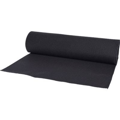 Eine aufgerollte, schwarze Yoga- oder Gymnastikmatte liegt teilweise ausgerollt auf einer Oberfläche.