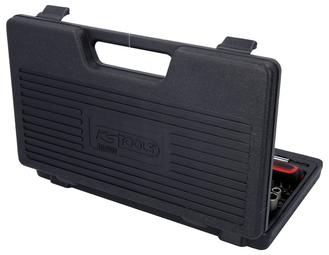 'Schwarzer Kunststoff-Koffer mit Griff und aufgedrucktem Logo, teilweise geöffnet. Enthält sichtbar rote und metallene Werkzeuge.'