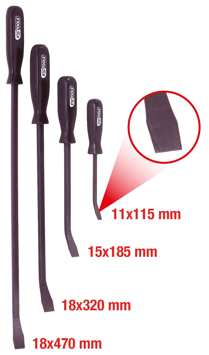 Vier Brechstangen in verschiedenen Größen, von klein nach groß: 11x115 mm, 15x185 mm, 18x320 mm, 18x470 mm. Vergrößerung der Spitze.