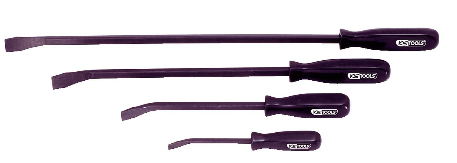 Vier Stemmeisen mit schwarzen Griffen und unterschiedlicher Länge liegen parallel nebeneinander. Geeignet für Feinarbeiten.