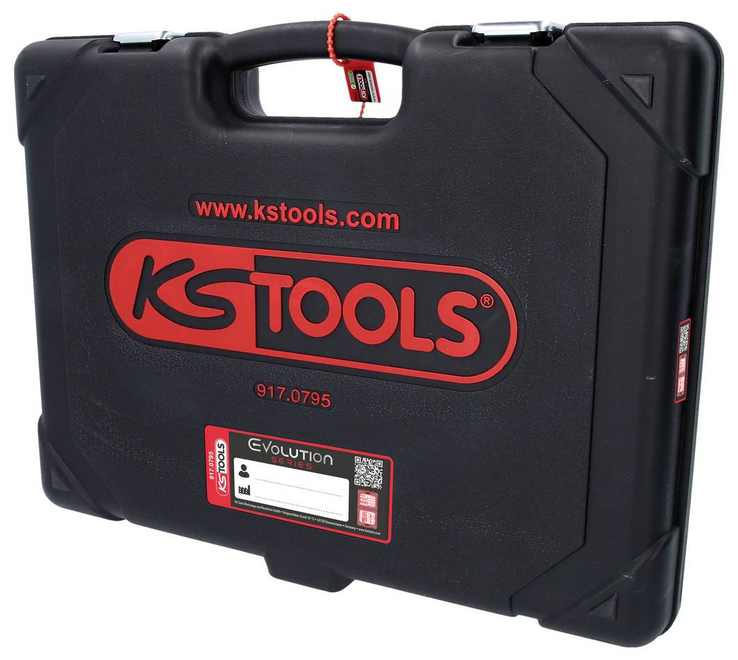 Schwarzer Werkzeugkoffer von KS Tools mit rotem Logo und Website-Adresse. Modellnummer 917.0795, Label 'EVOLUTION' sichtbar.