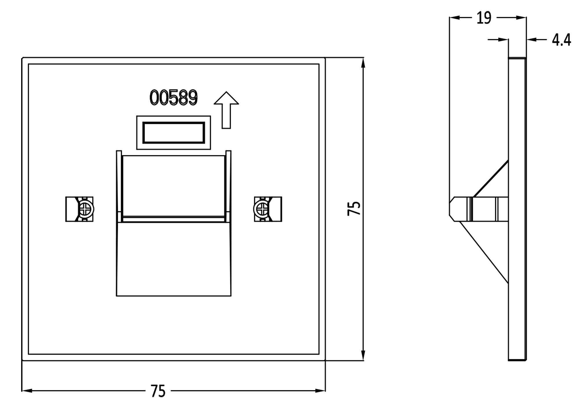 Technische Zeichnung einer quadratischen Halterung mit Maßen 75x75 mm. Seitliche Ansicht zeigt eine Dicke von 19 mm und 4,4 mm Details.
