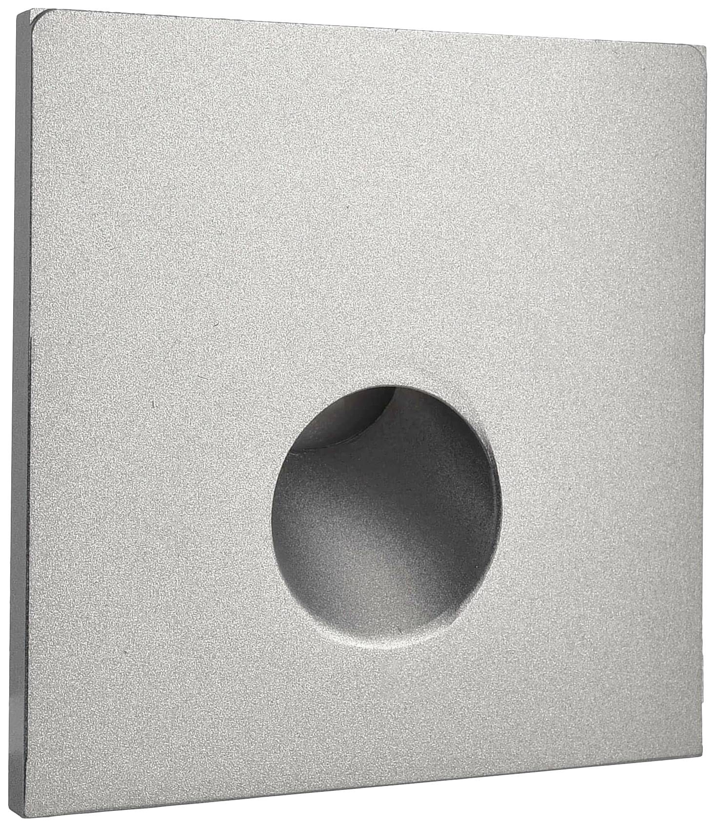 Quadratische, silberne Wandplatte mit kreisförmiger Vertiefung in der Mitte. Minimalistisches Design, geeignet für moderne Innenräume.