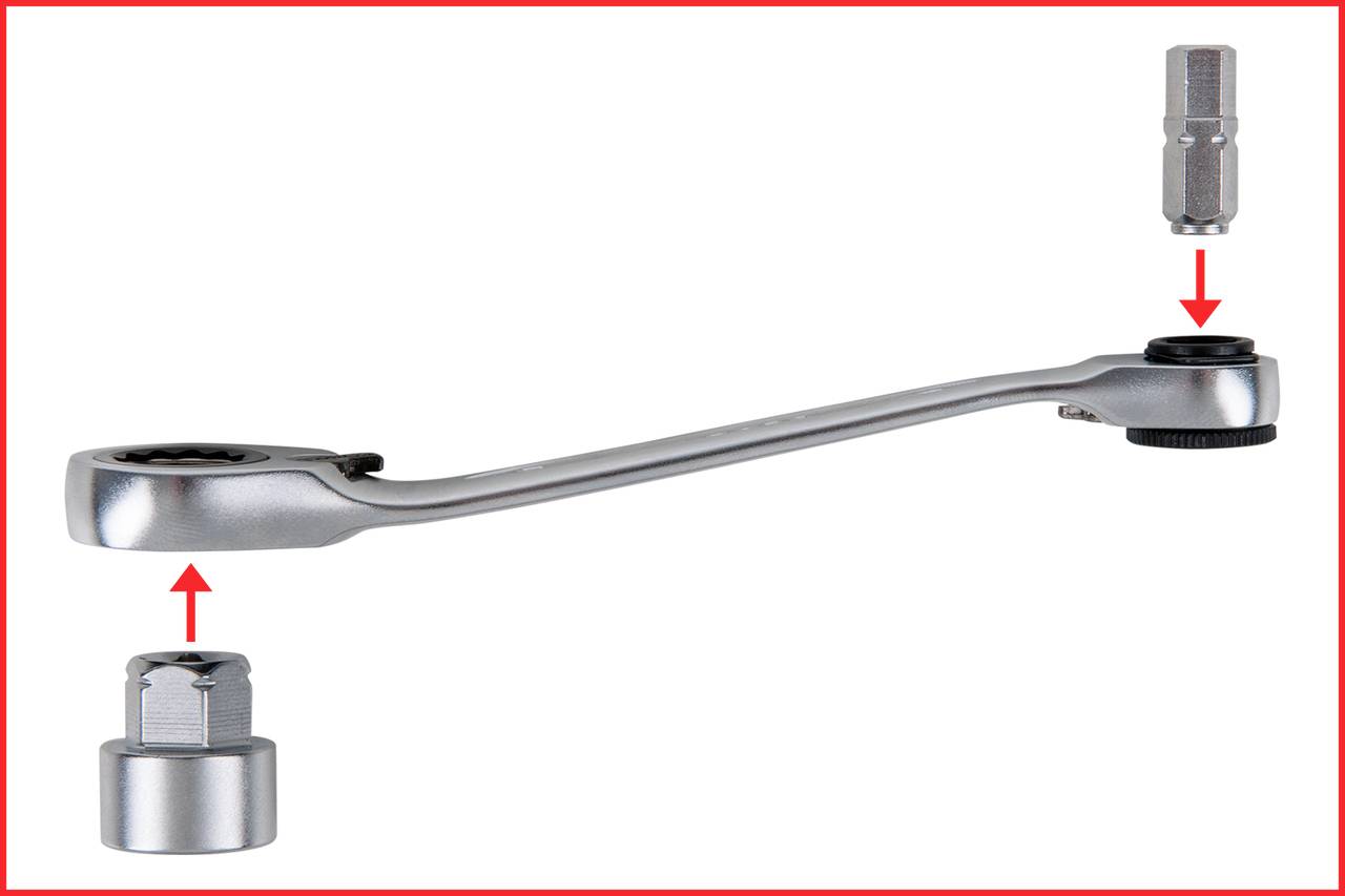 Abgebildet ist ein Ratschenschlüssel in der Mitte mit zwei austauschbaren Stecknüssen, die mit Pfeilen dargestellt sind.