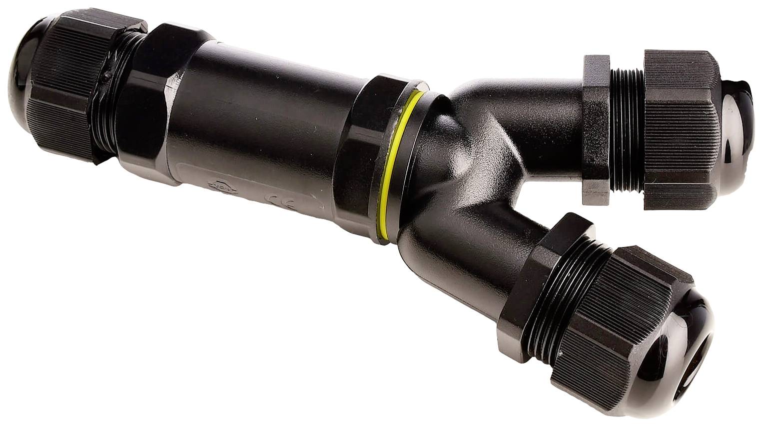 Ein schwarzes Y-förmiges Verbindungsstück mit drei Verschraubungen, verwendet für die Verbindung von Kabeln in elektrischen Installationen.