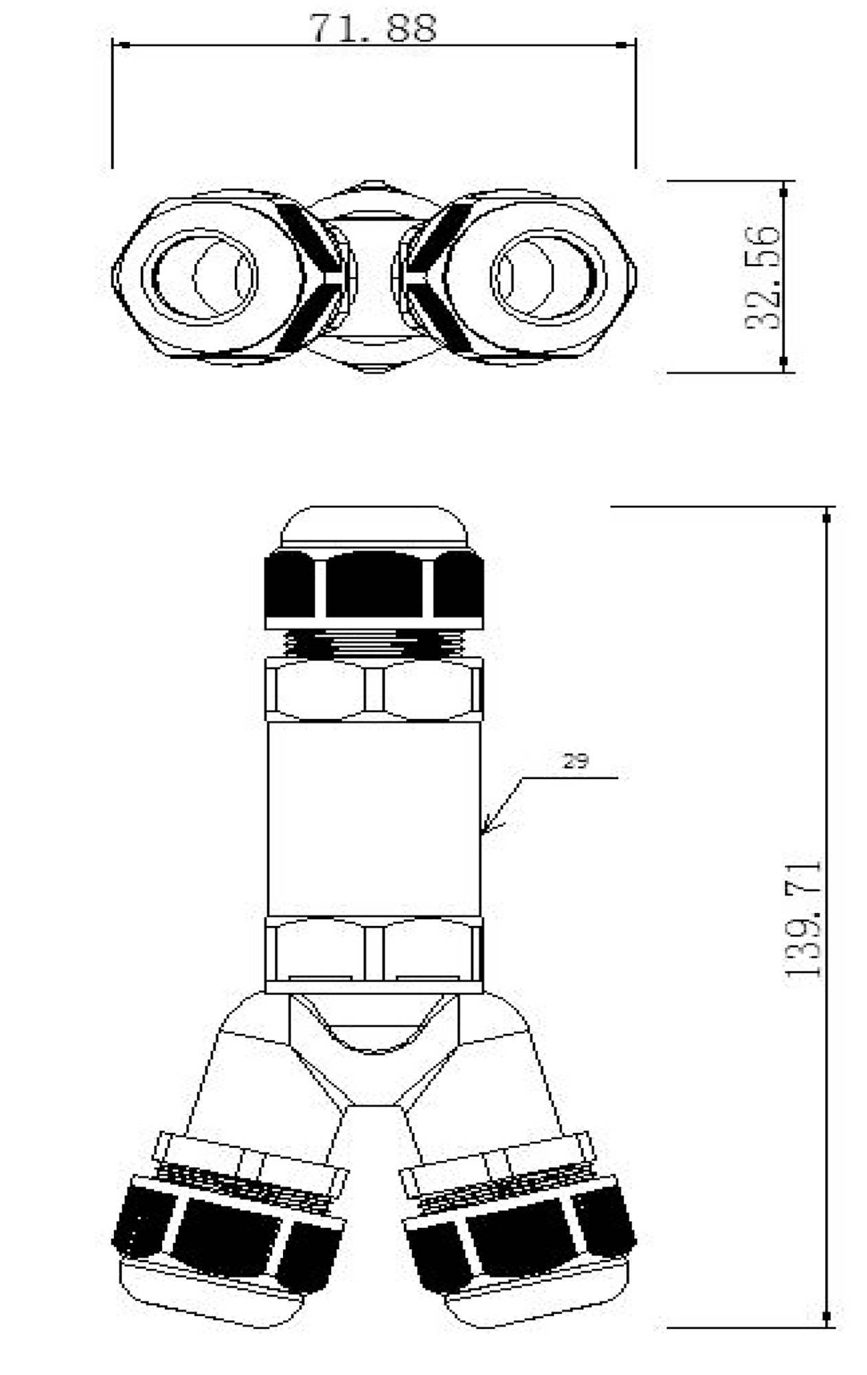 Technische Zeichnung eines Y-Verschraubers mit Maßen 71,88 mm Breite und 139,71 mm Höhe, zeigt Anschlüsse und Details.