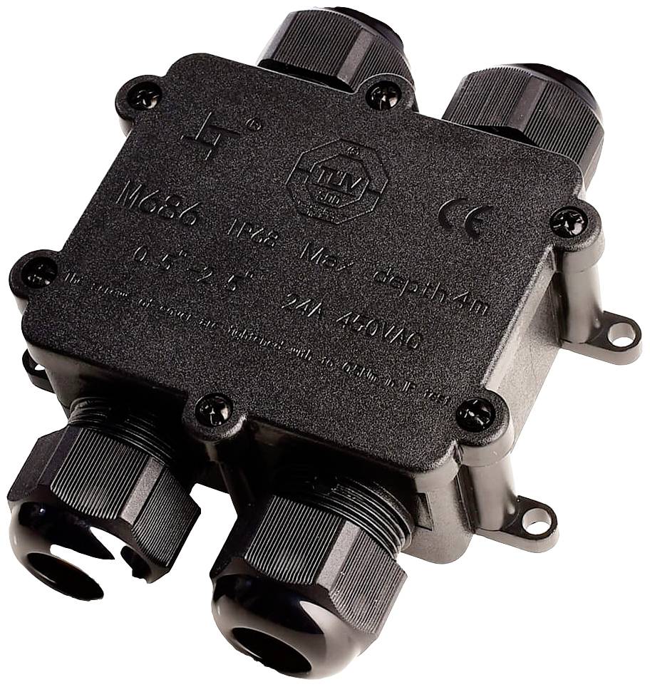 Eine schwarze elektrische Verteilerdose mit mehreren Kabelverschraubungen und Bedienungshinweisen auf der Oberfläche. Geeignet für max. 4 m Tiefe.