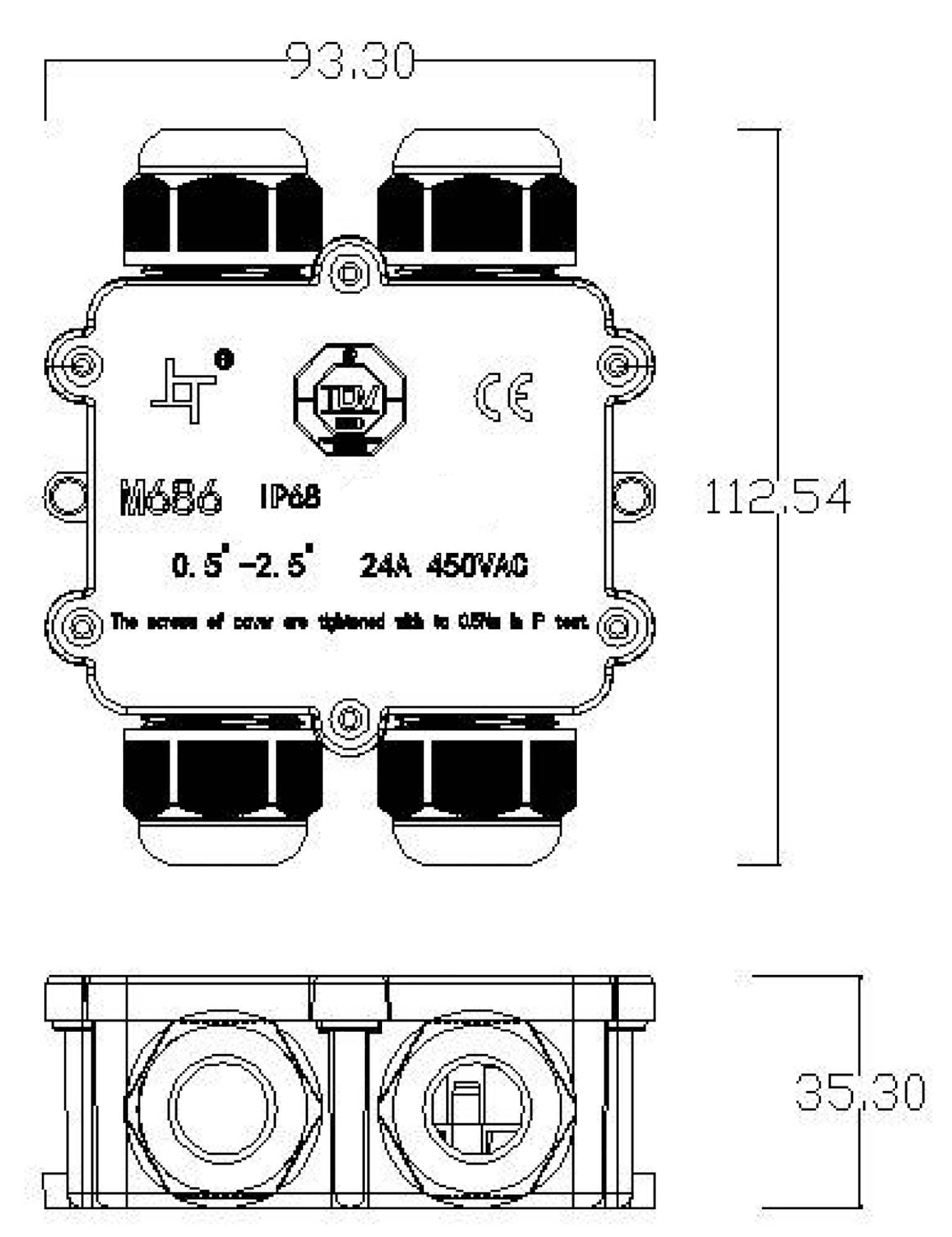 Abbildung zeigt ein Elektronikgehäuse mit den Maßen 93,30 x 112,54 mm, mit Anschlussstellen und Sicherheitsinformationen, IP68 zertifiziert.