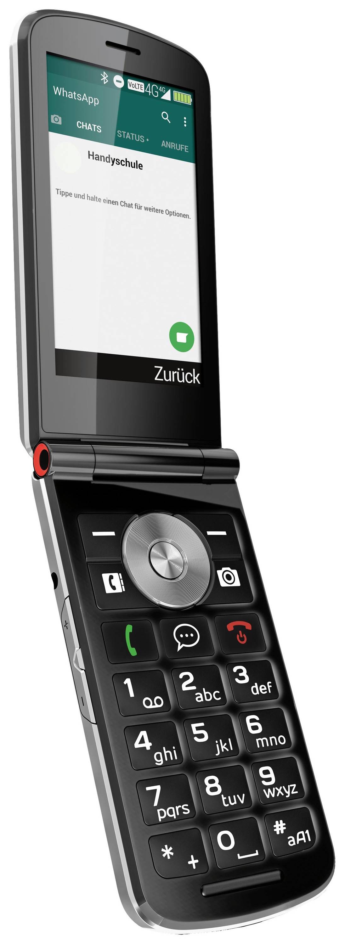 Klapphandy mit großem Tastenfeld und einem WhatsApp-Bildschirm auf dem Display.