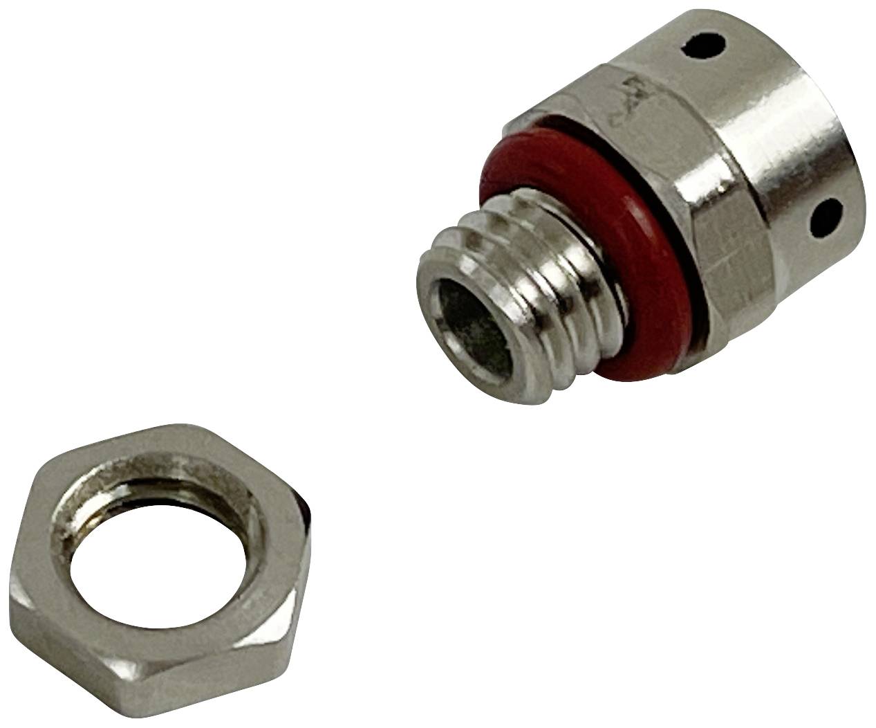 Metallschraubverbindung mit rotem Dichtungsring und passender Metallmutter auf weißem Hintergrund.