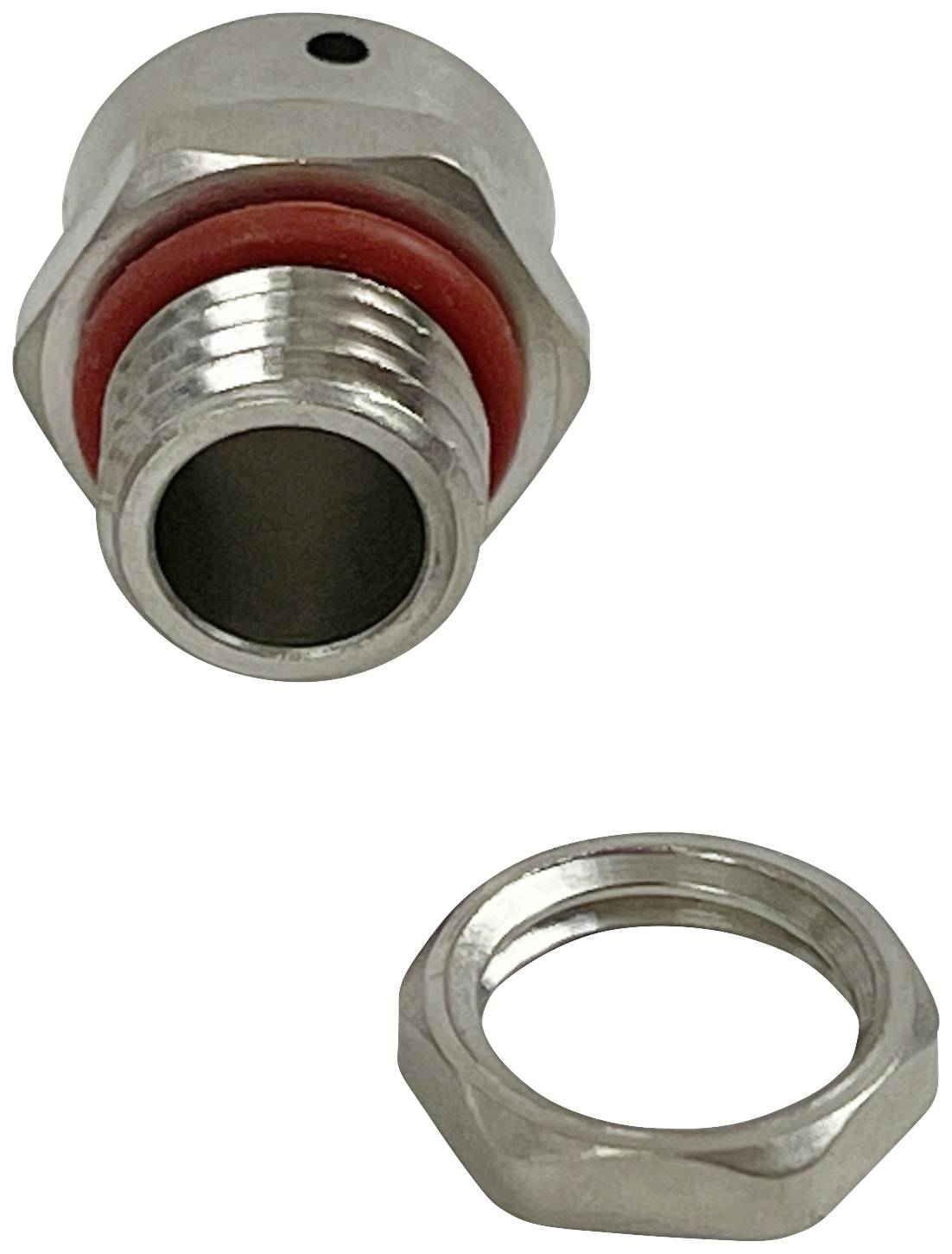 Eine Metallverschraubung mit rotem Dichtungsring und passender Mutter. Sie wird für Abdichtungen oder Verbindungen verwendet.