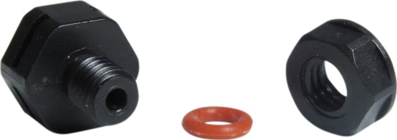 Schwarzes Sechskant-Verbindungsstück mit Gewinde, rotem Dichtungsring und passender Schraubmutter, auf weißem Hintergrund.