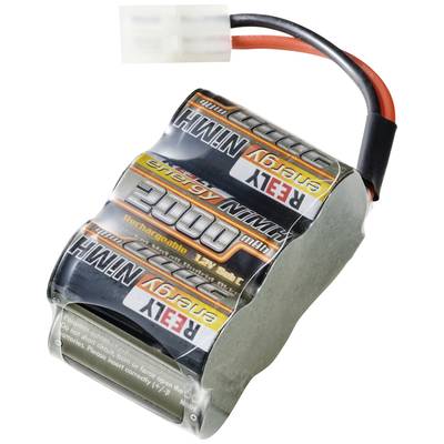 Ein aufladbarer NiMH-Akku mit einer Kapazität von 2000 mAh und 9,6 V. Angeschlossen ist ein schwarzes und ein rotes Kabel mit Steckverbindung.