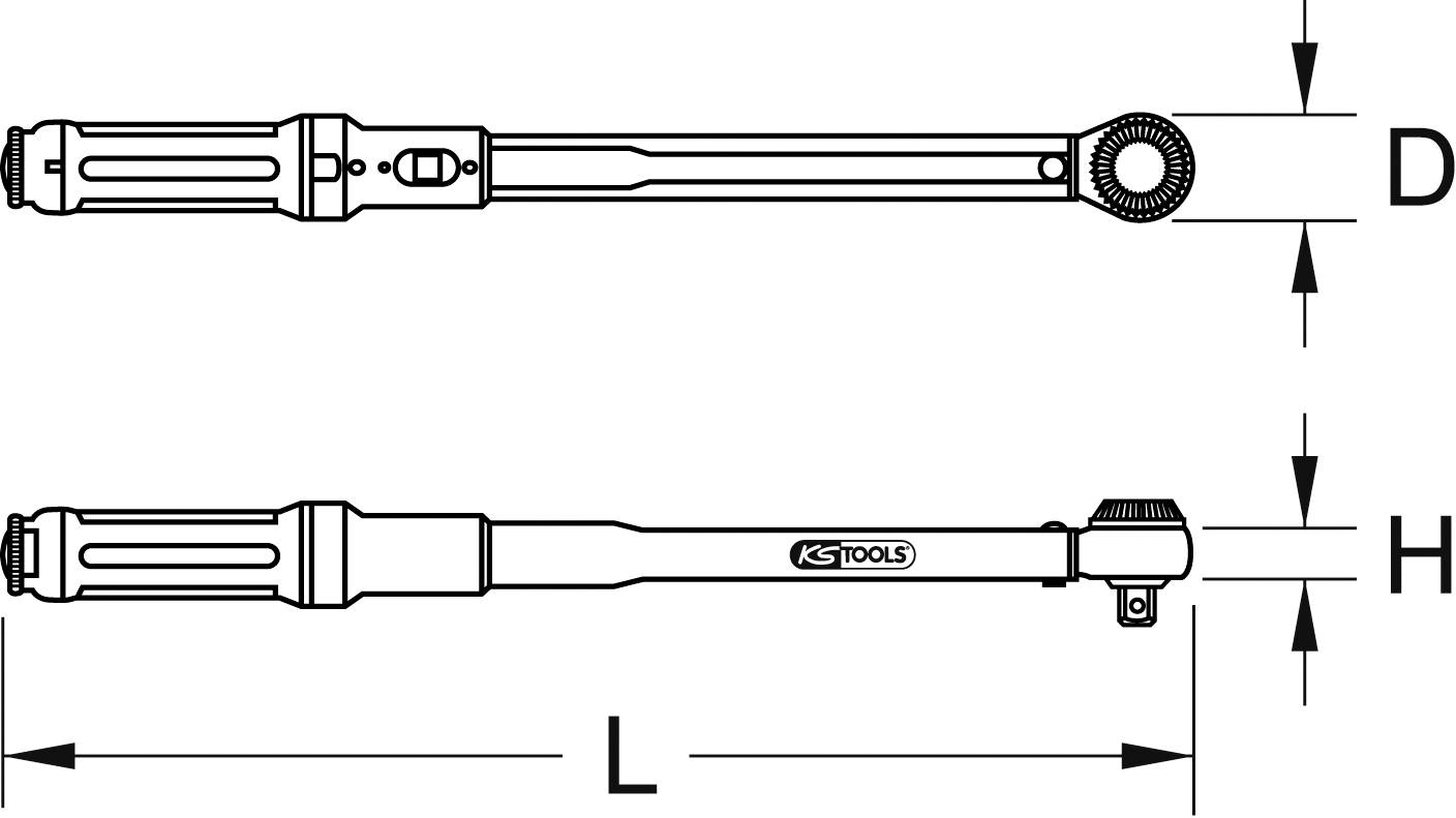 'Technische Zeichnung eines Drehmomentschlüssels, zeigt Länge (L), Kopfbreite (H), und Kopfhöhe (D). KS TOOLS Logo vorhanden.'