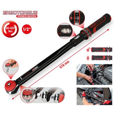 'Drehmomentschlüssel Ergotorque Precision: Drehmomentbereich 80-420 Nm, 1/2 Zoll, Länge 678 mm. Abbildungen zeigen Nutzung am Auto.'