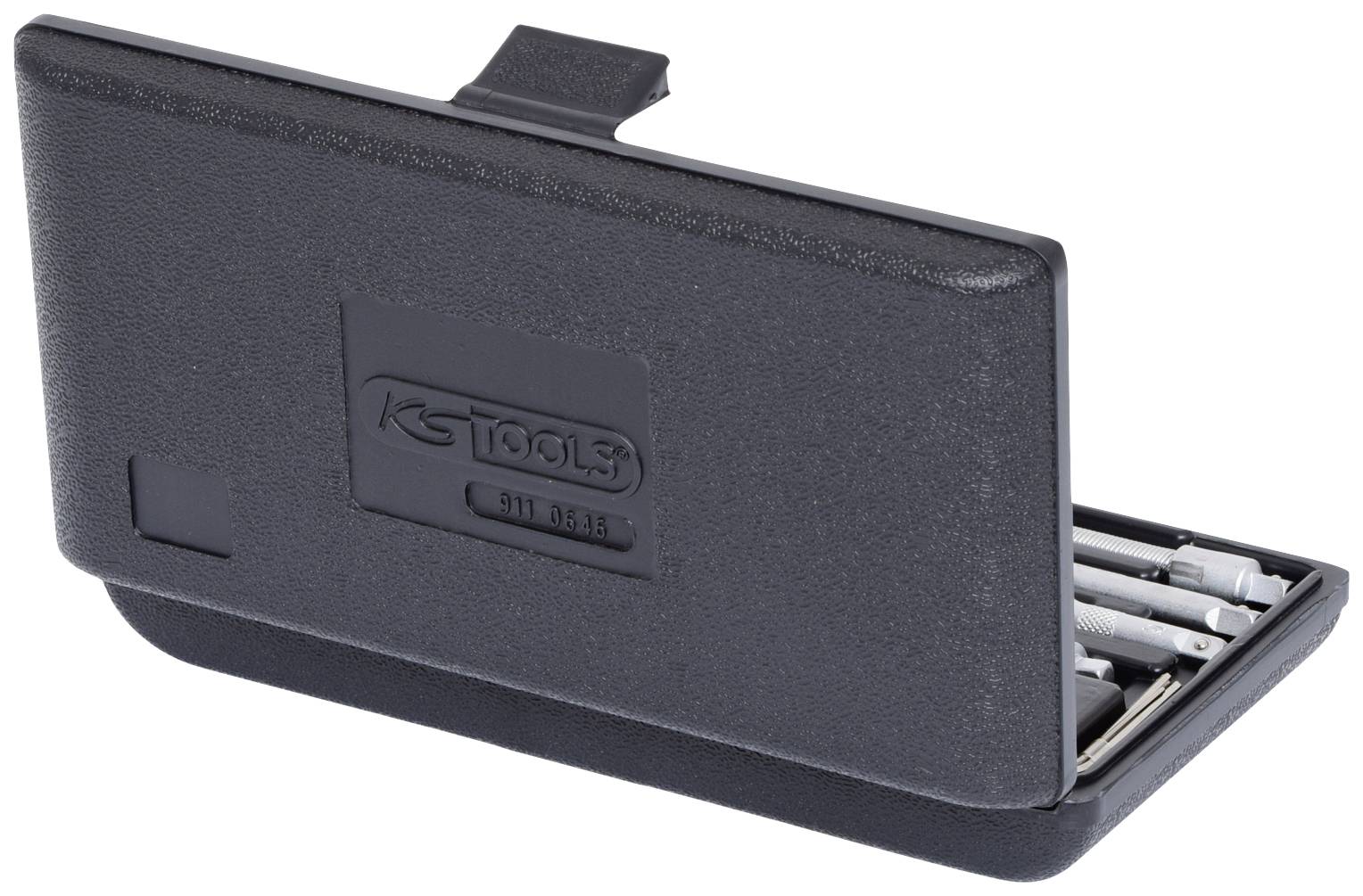 Ein schwarzes Etui mit mehreren silberfarbenen Werkzeugen darin, vermutlich Schraubendreher oder Bits. Auf dem Etui steht 'KS Tools'.